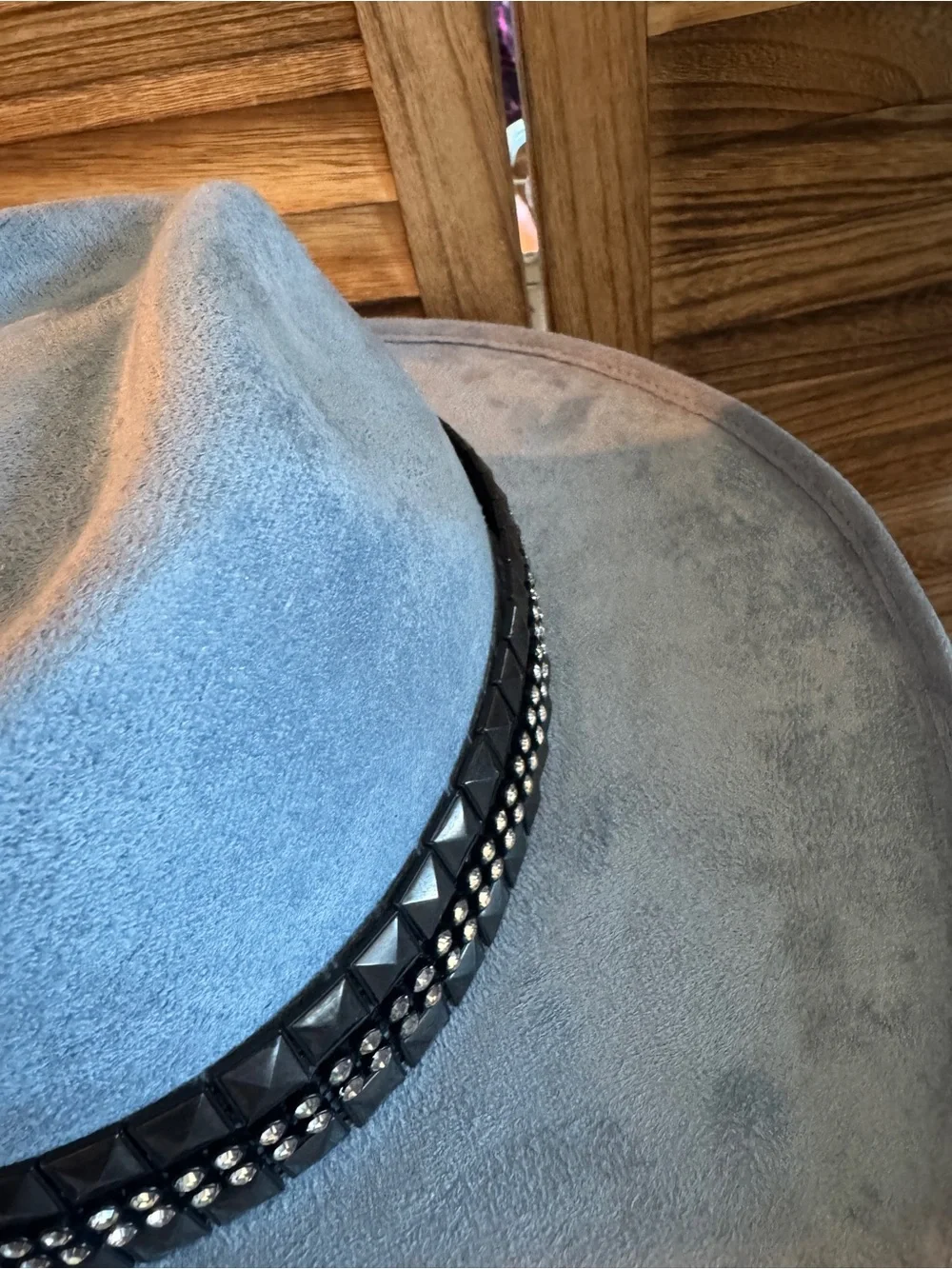 Vintage Blue Suede Hat with Studded Band & Fringe